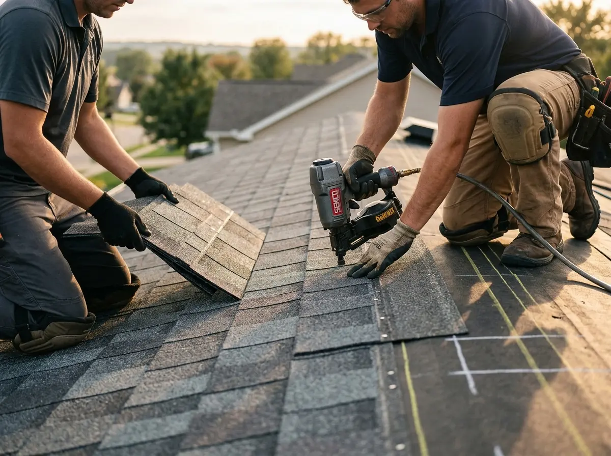 Professional roofer working on a residential roof in Jonesboro